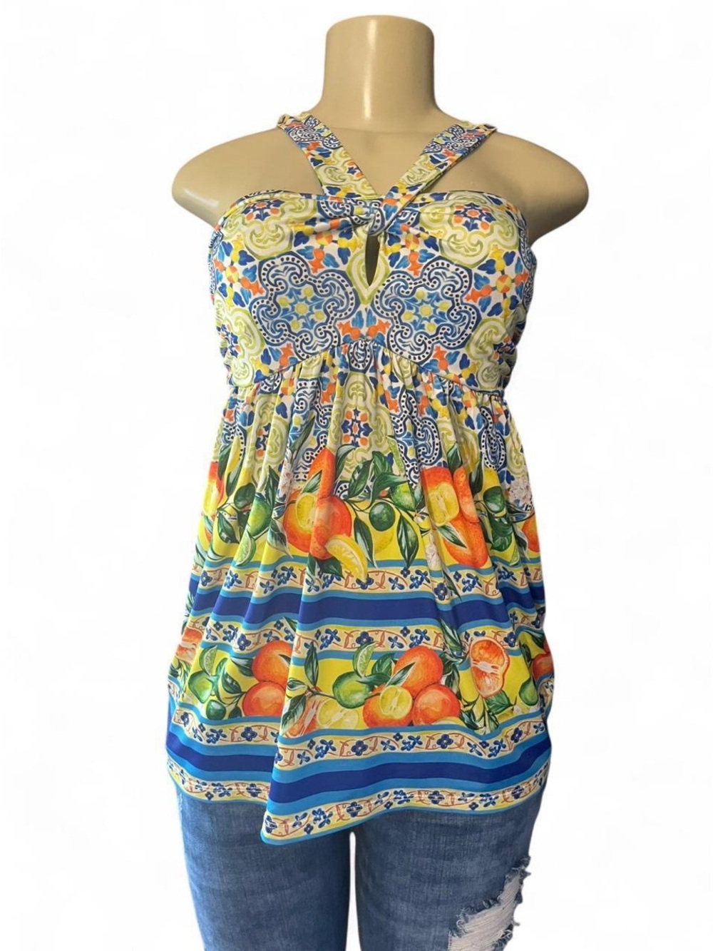 Boston Proper Yellow, Blue & Orange Citrus-Print Cross-Strap Camisole
